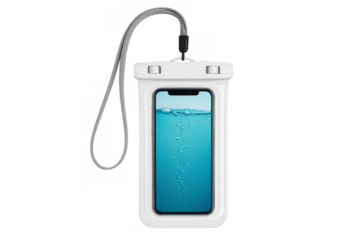 Waterproof case protecting mobile phone in water with transparent background