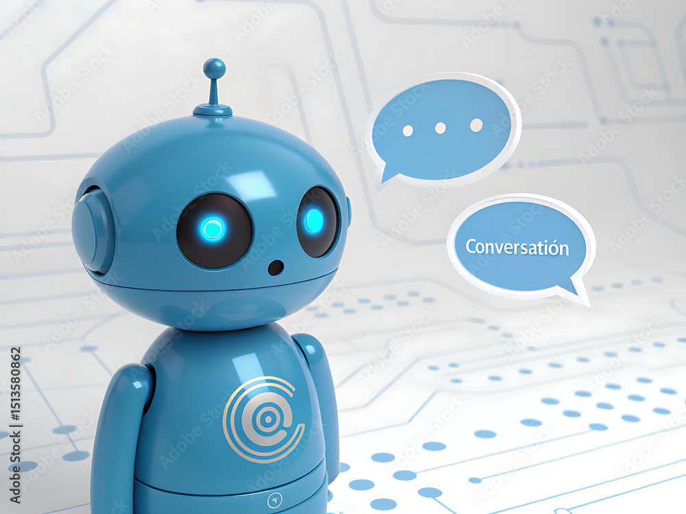 Poster a blue robot with glowing eyes and speech bubbles on a white background with circuit patterns