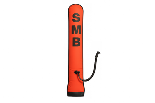 Inflated orange surface marker buoy with smb sign on transparent background