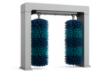 Automatic car wash machine with rotating brushes on transparent background