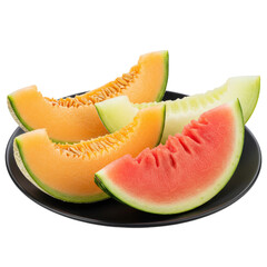 Fresh melon wedges on dark plate cantaloupe, honeydew, and watermelon create colorful dish