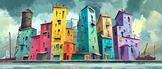 Colorful waterfront cityscape painting of whimsical buildings and boats in vibrant hues, showcasing architectural fantasy and artistic expression