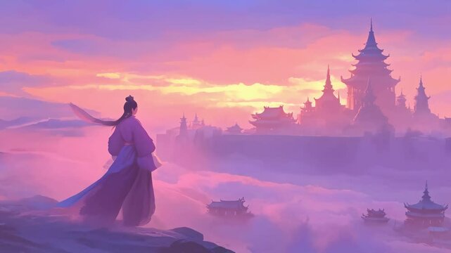 Woman in traditional asian dress on mountain watching ancient fantasy city above cloud. Mystic epic chinese journey concept