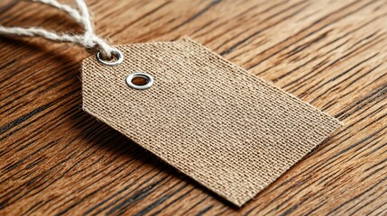 mockup of folded garment tag label with hole punch, resting on wooden table surface, minimalist neutral color tone, realistic fabric texture background, professional fashion presentation