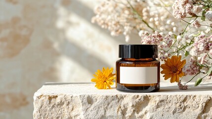 realistic label mockup on amber glass jar placed on smooth stone surface, label space centered and blank, natural daylight, minimal shadows, matte texture finish, clean product presentation