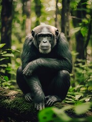 A chimpanzee sits calmly on a moss-covered log deep in a lush green tropical forest.