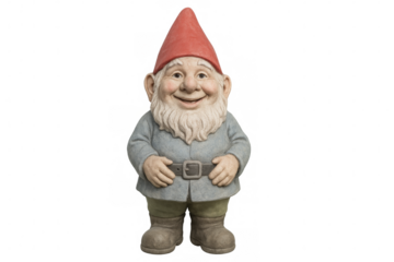 Smiling garden gnome statue with transparent background