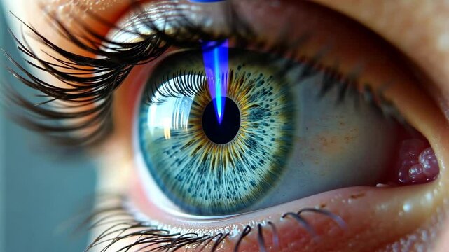 close-up of blue human eye with thin laser beam providing vision correction without anesthesia