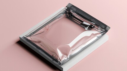 mockup of a transparent plastic packaging template with zipper top, lying on white reflective acrylic base, realistic highlights, dust-free clean look, neutral background tone, ready for product