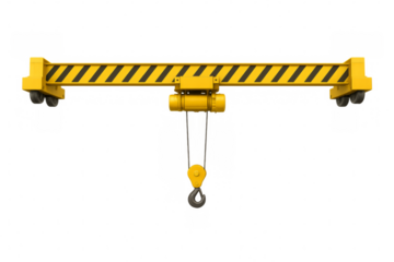 Yellow overhead crane lifting hook on transparent background