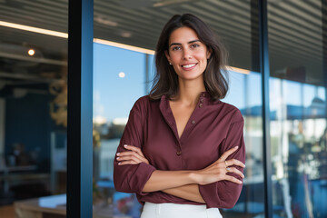 Portrait of beautiful successful hispanic young business woman with crossed arms smiling at camera. Latin or eastern confident middle age female ceo leader businesswoman standing in office. Copy space