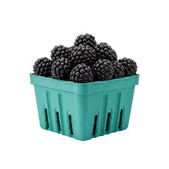 Fresh, plump blackberries fill a turquoise basket, creating a juicy, natural still life