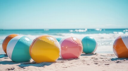 A collection of inflatable beach balls in different colors on the beach, with a clear blue sky and gentle waves creating the perfect summer vibe.