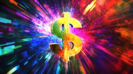 A bold and colorful cash dollar symbol emerging from a burst of light, set against a vibrant and modern backdrop, symbolizing financial power.