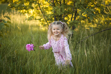 cheerful 3-year-old girl with pigtails in a pink dress with a peony walks in a village meadow
