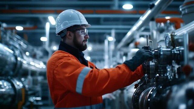 A high-definition view of a safety technician tightening bolts on a pressure release valve, with sophisticated gas detectors, pipeline connections, and thermal imaging cameras moni