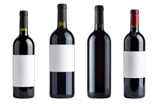 A collection of four wine bottles with blank labels ready for branding and marketing.