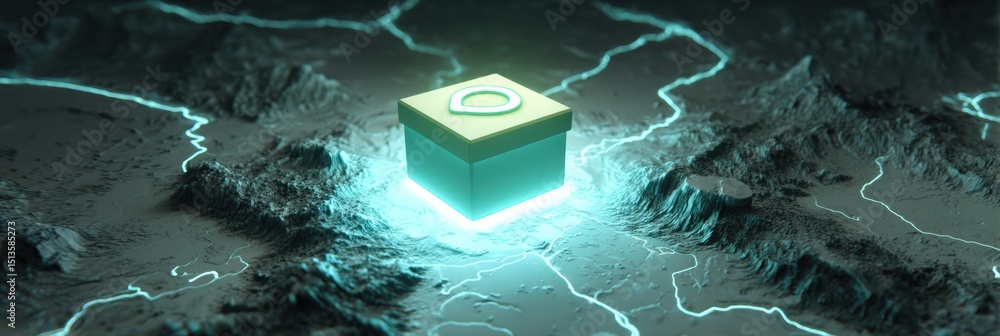 Poster floating glowing package icon on a map background with a clear center zone showing digital connectiv