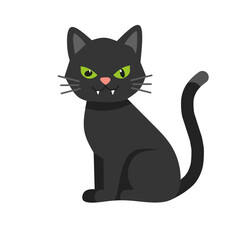 illustration of a black cat with green eyes and sharp teeth. Great for Halloween themes, pet icons, cartoons, or mystical character designs