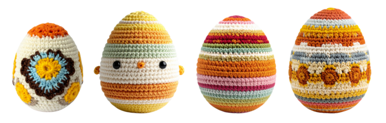 Colorful crocheted eggs showcasing intricate designs for holiday decorations.