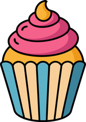 Sweet cupcake icon vector with swirled frosting and striped base for festive or birthday themed art