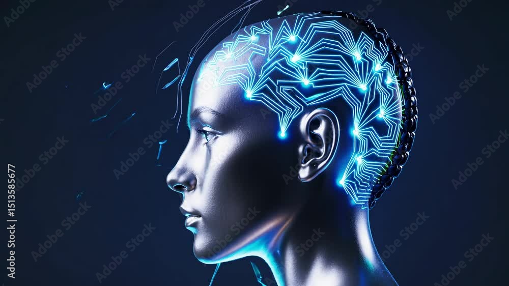 Poster glowing neural network visualized on a metallic female humanoid robot head, symbolizing artificial i