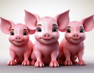 Drei 3D-Comic-Ferkel mit rosa Haut, glitzernden Augen und kleinen Schwänzchen stehen aufgereiht auf weißem Hintergrund