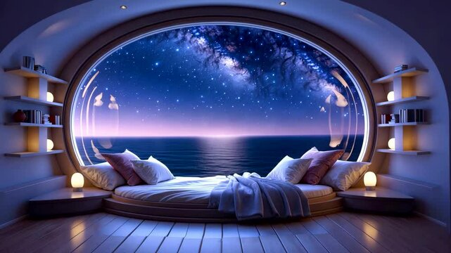 Luxury futuristic bedroom interior with panoramic circular ocean window under starry night sky and warm lights