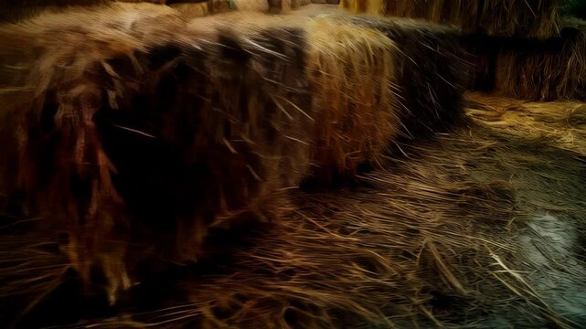 Rows of hay bales stacked inside farm building creating pattern and textures with golden light for harvest