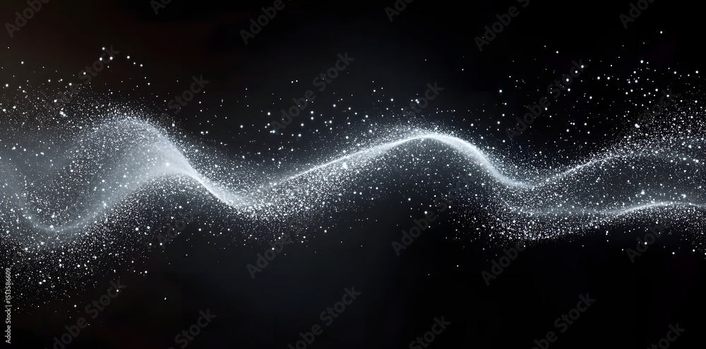 Poster abstract image of white particles flowing dynamically on a black background creating a wavy motion. 