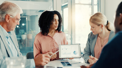Team discussion, businesswoman and tablet screen with graph, investment stats and planning....