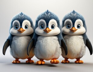 Naklejka premium Drei 3D-Comic-Pinguinküken in flauschigem Federkleid watscheln auf weißem Hintergrund