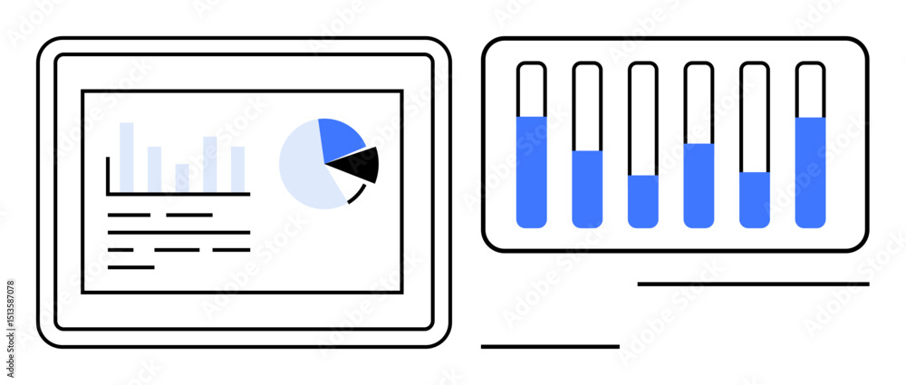 Poster tablet screen displays bar graph and pie chart while another panel highlights data progress. ideal f