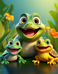Ein 3D-Froschbaby, ein Schildkrötenbaby und ein Entenküken lachen gemeinsam in Richtung Kamera. Ihre Augen sind riesig, die Farben leuchtend