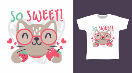 Cute kitten with fruits hand drawn illustration vector, ready for print on t-shirt and other uses.