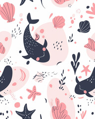 flat vector of marine animals in minimal style, whales, starfish, shells on pale blue, baby products print