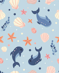 Fototapeta premium flat vector of marine animals in minimal style, whales, starfish, shells on pale blue, baby products print