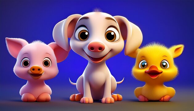 in 3D-Cartoon-Welpe, ein Entenk&uuml;ken und ein Ferkel posieren nebeneinander wie Comicfiguren. Ihre Gesichter sind freundlich und &uuml;berzeichnet 