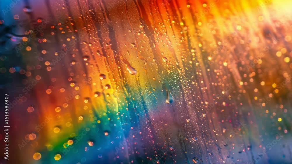 Poster a close-up of a rain-covered window shows a blurred rainbow background shining through, creating a r