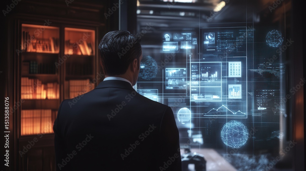 Poster a businessman uses a digital interface to control ai-driven business applications, enhancing product
