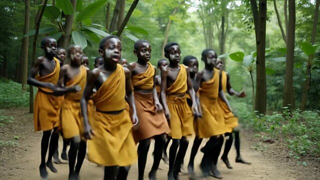 Baka Pygmy boys participate in initiation rite in Cameroon with chanting and dancing