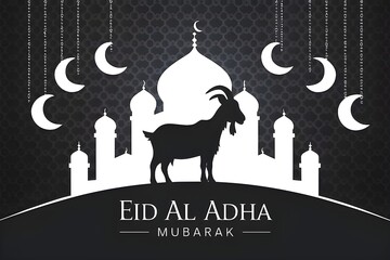 Black Goat silhouette on mosque background with crescent moons Eid al-Adha Mubarak