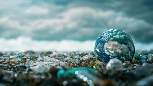 A globe depicting the Earth lying on a surface strewn with plastic waste and rubbish under a cloudy sky, symbolizing the problem of environmental pollution