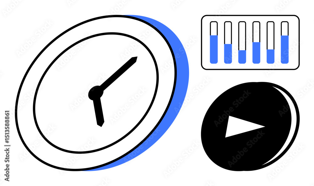 Aufkleber clock indicating time, bar graph highlighting progress, and play button suggesting action. ideal for