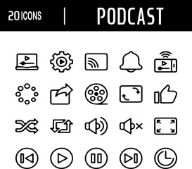 set vector icon podcast - Flat Design Vector of Podcast Host Recording in Studio - Podcast Microphone and Headphones – Flat Style Vector Illustration - Flat Podcasting Concept – Person Talking
