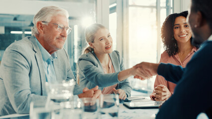 Fototapeta premium Shaking hands, applause and business people in office for meeting with finance deal or partnership. Agreement, clapping and financial advisors with handshake for congratulations on investment goal.