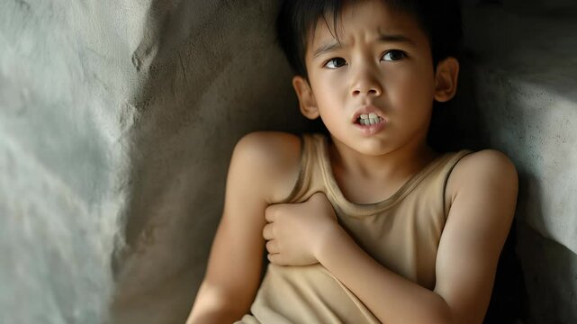 Asian boy experiences chills and fever while staying at home feeling unwell during a rainy afternoon