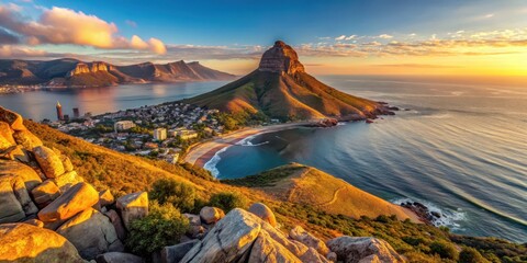 Naklejka premium panoramic view of lions head mountain in cape town at sunset with a golden glow on the rocks and a calm sea in the background