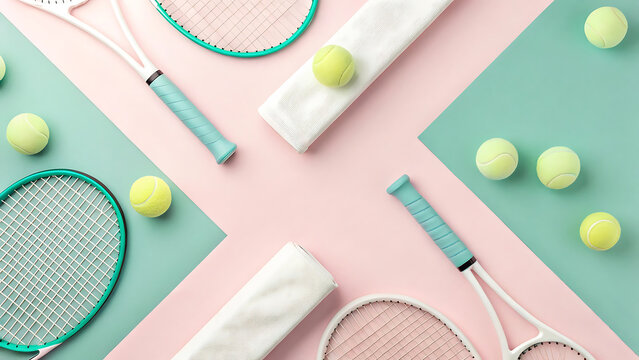 Pastel Tennis Equipment Flatlay Minimalist Racquets, Balls, and Towels