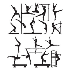 Set of black gymnast' silhouettes isolated on white background